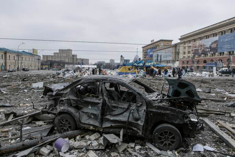 A view of the central square following shelling of the City Hall building in Kharkiv