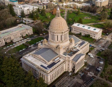 In this aerial view from a drone, the Washington State Capitol is seen