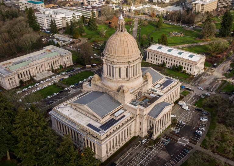In this aerial view from a drone, the Washington State Capitol is seen