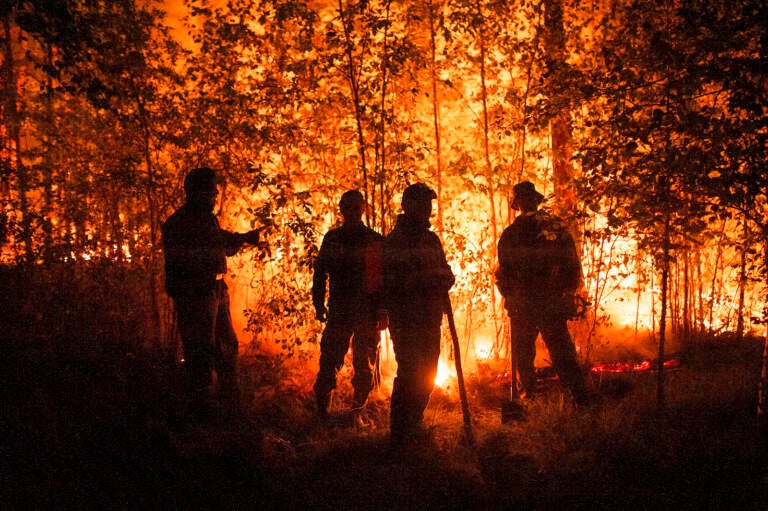 Firefighters work at the scene of forest fire near Kyuyorelyakh village
