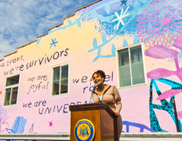 A woman giving a speech in front of the We Are Universal mural