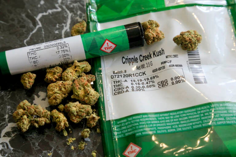 FILE - The THC percentages of recreational marijuana are visible on the product packaging sitting on a countertop, April 19, 2021, in Mamaroneck, N.Y. (AP Photo/Julie Jacobson, File)