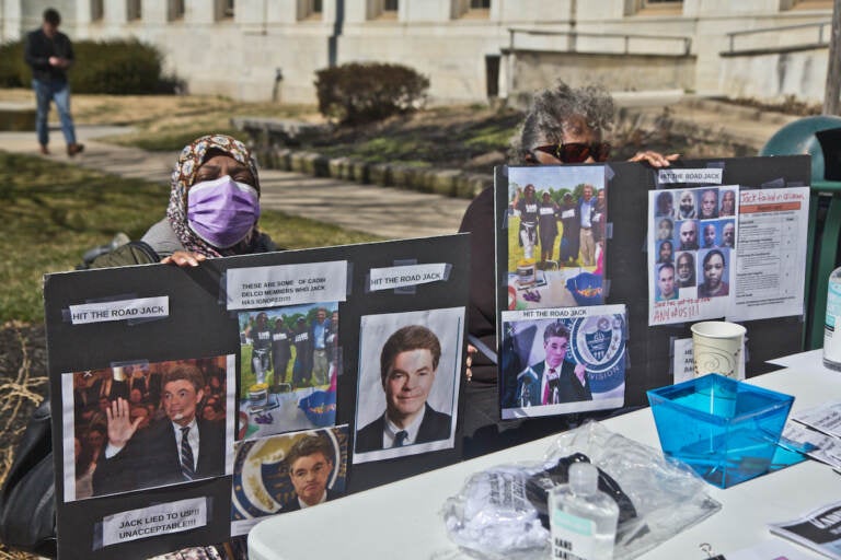 The Delaware County chapter of the Coalition to Abolish Death by Incarceration held a rally outside the Delaware County Courthouse to demand District Attorney Jack Stollsteimer be more accountable to his Black constituency or step down, on March 3, 2022. (Kimberly Paynter/WHYY)