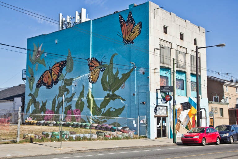 A mural with butterflies is visible on the side of a building.