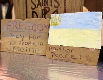 Ukrainian Americans rallied in support of Ukraine on March 6, 2022 at Saints Peter and Paul Ukrainian Catholic Church in Bridgeport, Pa. (Tennyson Donyéa / WHYY)