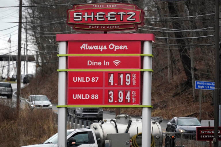 Gas prices are shown on a Sheetz billboard, with prices listed as $4.19 a gallon.