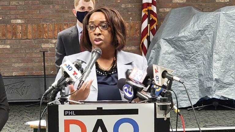 Michelle Neal speaking at The Philly DA's office press conference talking about the Youth Aid Panels diversion program on March 7, 2022. (Tom MacDonald / WHYY)