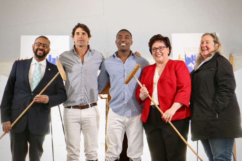 Officials announce details about the first Philadelphia Polo Classic to be held at Fairmount Park in September. Pictured are (from left) City Councilmember Curtis Jones, Argentine polo champion Ignacio ''Nacho'' Figueras, West Philadelphia polo champion Kareem Rosser, Parks and Recreation Commissioner Kathryn Ott Lovell, and Leslie Hiner, executive director of Work to Ride