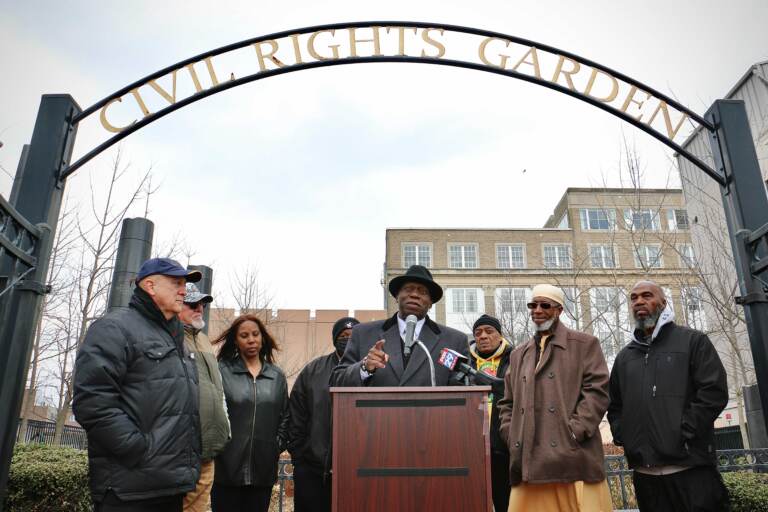 Steven Young, who heads the National Action Network South Jersey, encourages people to participate in the Million People’s March for Voting Rights, scheduled for April 4, during a press conference with community leaders at Civil Rights Garden in Atlantic City. (Emma Lee/WHYY)
