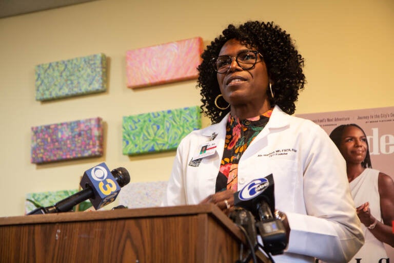 Dr. Ala Stanford reflected on 2 years of the Black Doctors Consortium’s efforts to provide health care to undeserved Philadelphians on March 28, 2022. (Kimberly Paynter/WHYY)