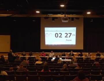 Resident Jenifer MacFarland (pictured far left at the podium) makes a public comment — and hand delivers a Right to Know Law request to the West Chester Area School District seeking information on LGBTQ students