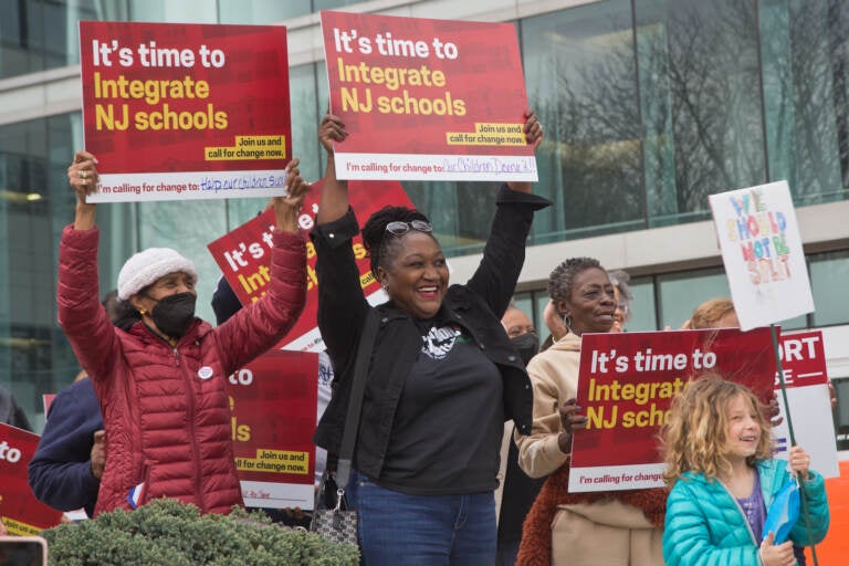 Activists and supporters rallied to end segregation in New Jersey schools outside the Trenton Justice Complex on March 31, 2022. (Kimberly Paynter/WHYY)