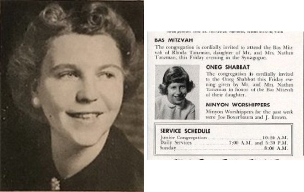 A black-and-white photo of Judith Kaplan, the eldest daughter of Rabbi Mordecai M. Kaplan, who became the first American girl to have a bat mitzvah ceremony on March 18, 1922 in New York, N.Y. A clipping from the temple bulletin of Rhoda Shapiro's bat mitzvah announcement is shown next to it.