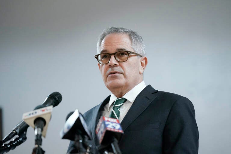 File photo: Philadelphia District Attorney Larry Krasner speaks during a news conference in Philadelphia, Monday, Jan. 31, 2022