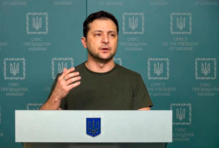 In this photo, Feb. 27, 2022, taken from video provided by the Ukrainian Presidential Press Office, Ukrainian President Volodymyr Zelenskyy speaks to the nation in Kyiv, Ukraine. (Ukrainian Presidential Press Office via AP, File)