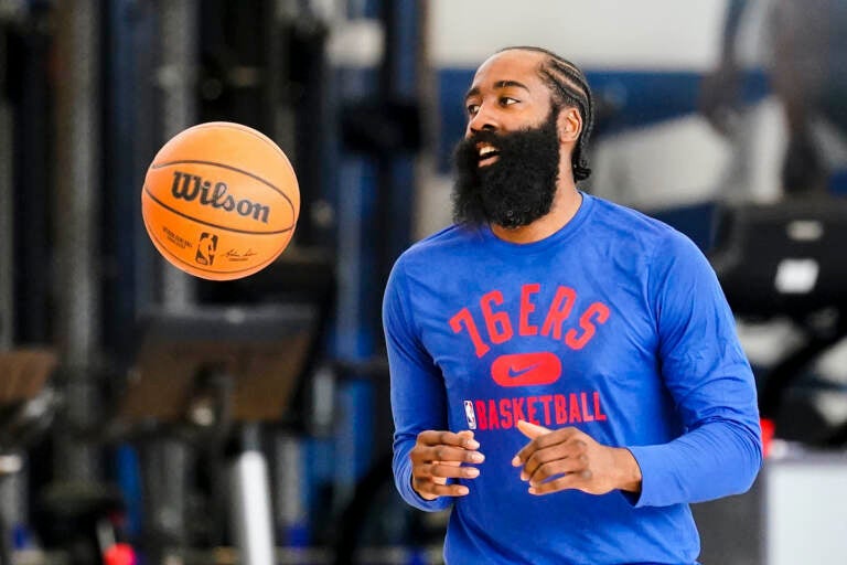 Philadelphia 76ers' James Harden practices at the NBA basketball team's facility, in Camden, N.J., Tuesday, March 1, 2022