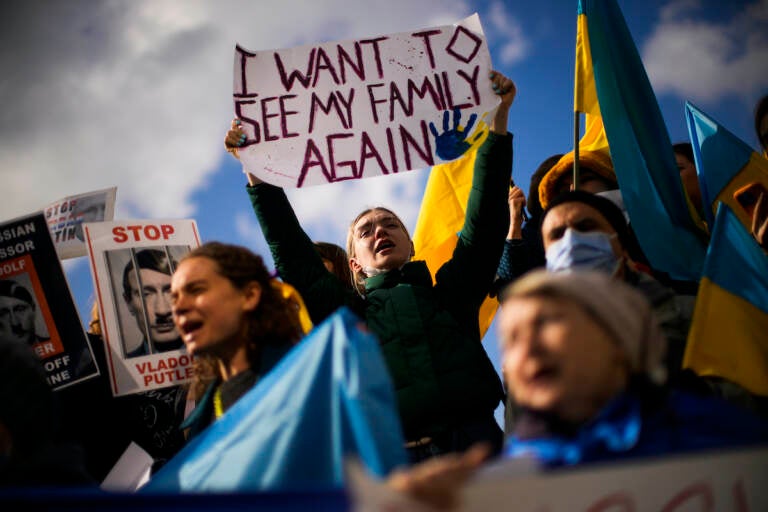 Pro-Ukrainian people hold up placards and wave Ukrainian flags as they shout slogans during a protest against Russia's invasion of Ukraine, in Istanbul, Turkey, Wednesday, March 2, 2022. (AP Photo/Francisco Seco)