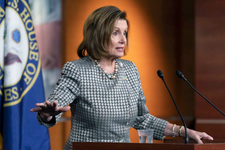 Speaker of the House Nancy Pelosi, of Calif., speaks to the media, Thursday, March 3, 2022, on Capitol Hill in Washington. (AP Photo/Jacquelyn Martin)