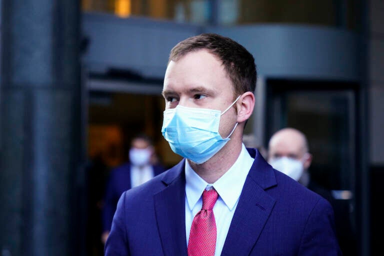 Brandon Bostian, the Amtrak engineer involved in a 2015 derailment in Philadelphia that killed eight people and injured more than 200, walks from the criminal justice center in Philadelphia, Thursday, March 3, 2022. (AP Photo/Matt Rourke)