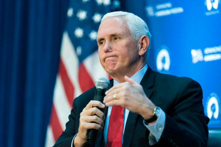 File photo: Former Vice President Mike Pence speaks at the National Press Club in Washington, Nov. 30, 2021. Pence will urge Republicans to move on from the 2020 election. And he will say 