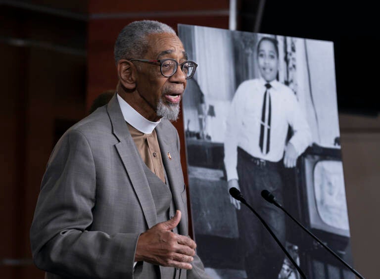 File photo: Rep. Bobby Rush, D-Ill., speaks during a news conference about the ''Emmett Till Anti-Lynching Act'' on Capitol Hill in Washington, on Feb. 26, 2020. Emmett Till, pictured at right, was a 14-year-old African-American who was lynched in Mississippi in 1955, after being accused of offending a white woman in her family's grocery store. Congress has given final approval to legislation that for the first time would make lynching a federal hate crime in the U.S.