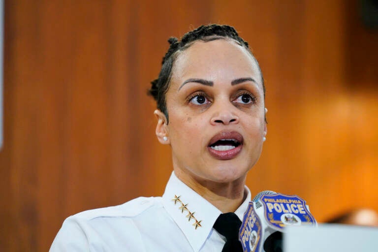 Philadelphia Police Commissioner Danielle Outlaw speaks with members of the media during a news conference in Philadelphia, Tuesday, March 8, 2022. Outlaw announced she plans to suspend and fire the plainclothes officer who fired the fatal shot that killed a fleeing 12-year-old Thomas Siderio Jr. last week