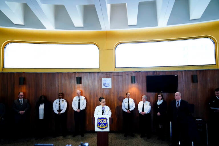 Philadelphia Police Commissioner Danielle Outlaw speaks with members of the media during a news conference in Philadelphia, Tuesday, March 8, 2022. (AP Photo/Matt Rourke)