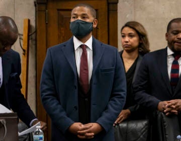 Actor Jussie Smollett appears with his attorneys at his sentencing hearing Thursday, March 10, 2022 at the Leighton Criminal Court Building. (Brian Cassella/Pool/Chicago Tribune)