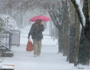 A man walks through Lancaster City, Pa., with his shopping bag during a snowstorm Saturday, March 12, 2022. Much of the northeast is experiencing a late winter storm dropping snow and high winds