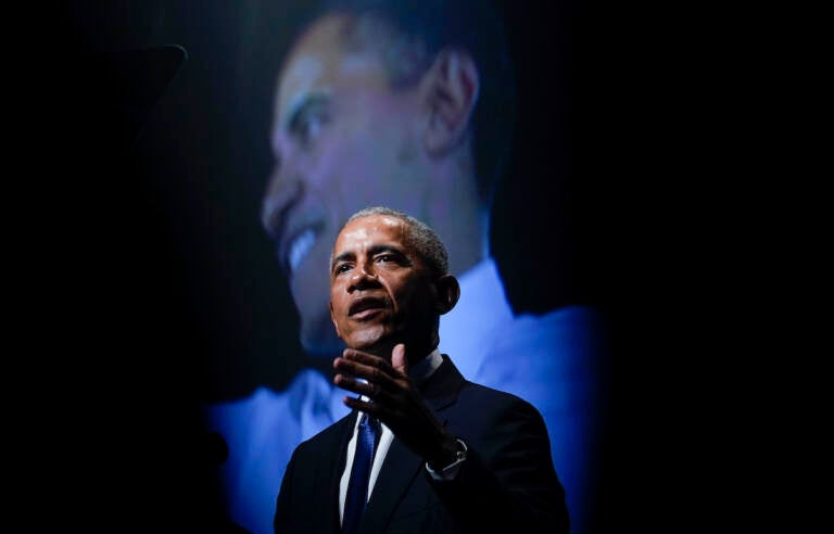 Former President Barack Obama speaks during a memorial service for former Senate Majority Leader Harry Reid at the Smith Center in Las Vegas, Saturday, Jan. 8, 2022