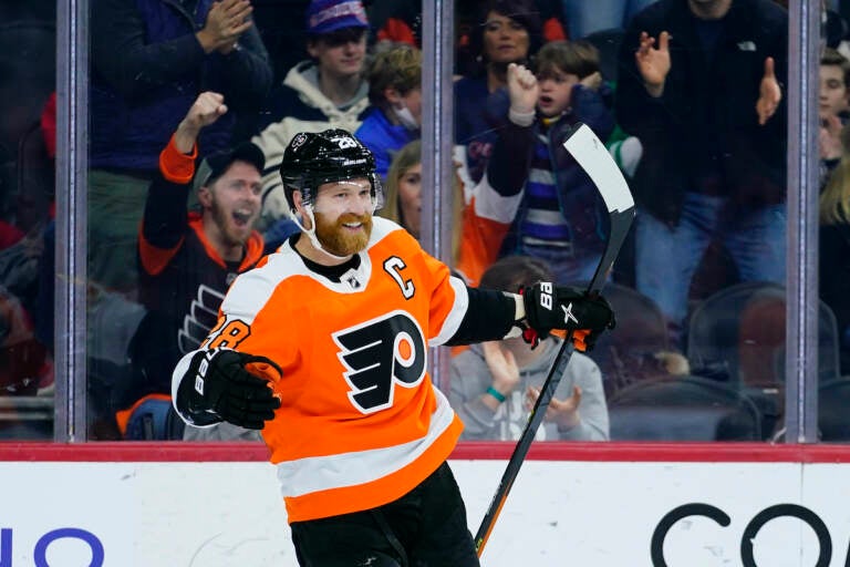 File photo: Philadelphia Flyers' Claude Giroux celebrates after scoring a goal during the second period of an NHL hockey game against the Montreal Canadiens, Sunday, March 13, 2022, in Philadelphia. Giroux's 1,000th career game with the Flyers on Thursday night could be his last in orange-and-black for the 34-year-old center approaching the final months of his contract