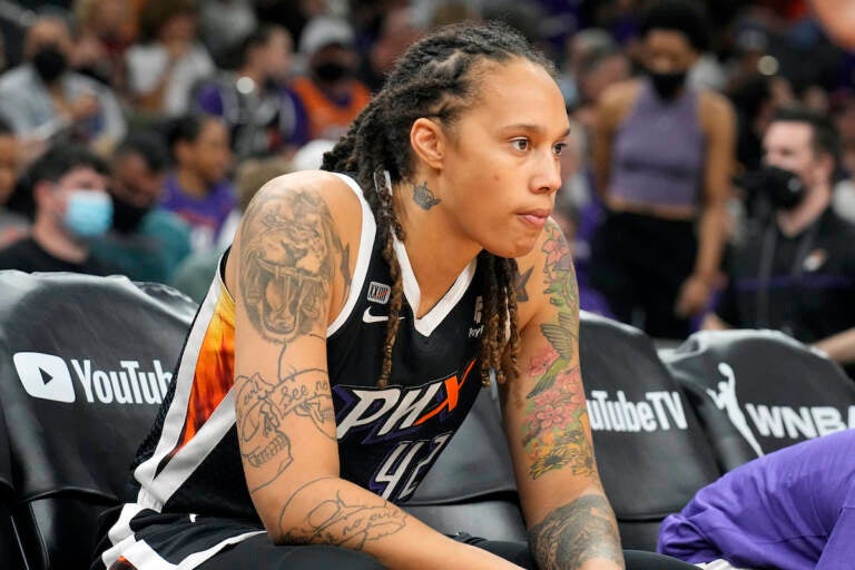 File photo: Phoenix Mercury center Brittney Griner sits during the first half of Game 2 of basketball's WNBA Finals against the Chicago Sky, Wednesday, Oct. 13, 2021, in Phoenix. A Moscow court announced it has extended the arrest of WNBA star Brittney Griner until May 19, according to the Russian state news agency Tass. Griner was detained at a Moscow airport in February after Russian authorities said a search of her luggage revealed vape cartridges. They were identified as containing oil derived from cannabis, which could carry a maximum penalty of 10 years in prison