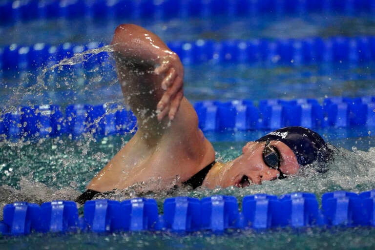 University of Pennsylvania transgender athlete Lia Thomas swims in a preliminary heat for the 500 meter freestyle at the NCAA Swimming and Diving Championships Thursday, March 17, 2022, at Georgia Tech in Atlanta