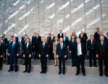 NATO heads of state pose for a group photo during an extraordinary NATO summit at NATO headquarters in Brussels, Thursday, March 24, 2022. As the war in Ukraine grinds into a second month, President Joe Biden and Western allies are gathering to chart a path to ramp up pressure on Russian President Vladimir Putin while tending to the economic and security fallout that's spreading across Europe and the world. (AP Photo/Thibault Camus)