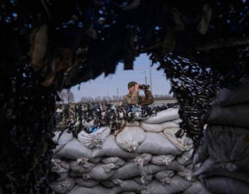 File photo: A Ukrainian soldier looks through binoculars at a military check point, in Lityn, Ukraine, March 16, 2022. (AP Photo/Rodrigo Abd, File)