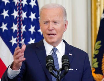 President Joe Biden speaking in the East Room