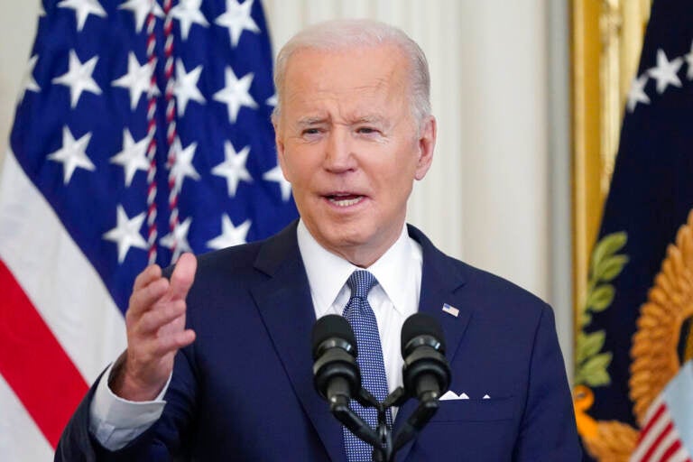 President Joe Biden speaking in the East Room