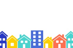 A graphic of blue, yellow, cyan, and orange houses