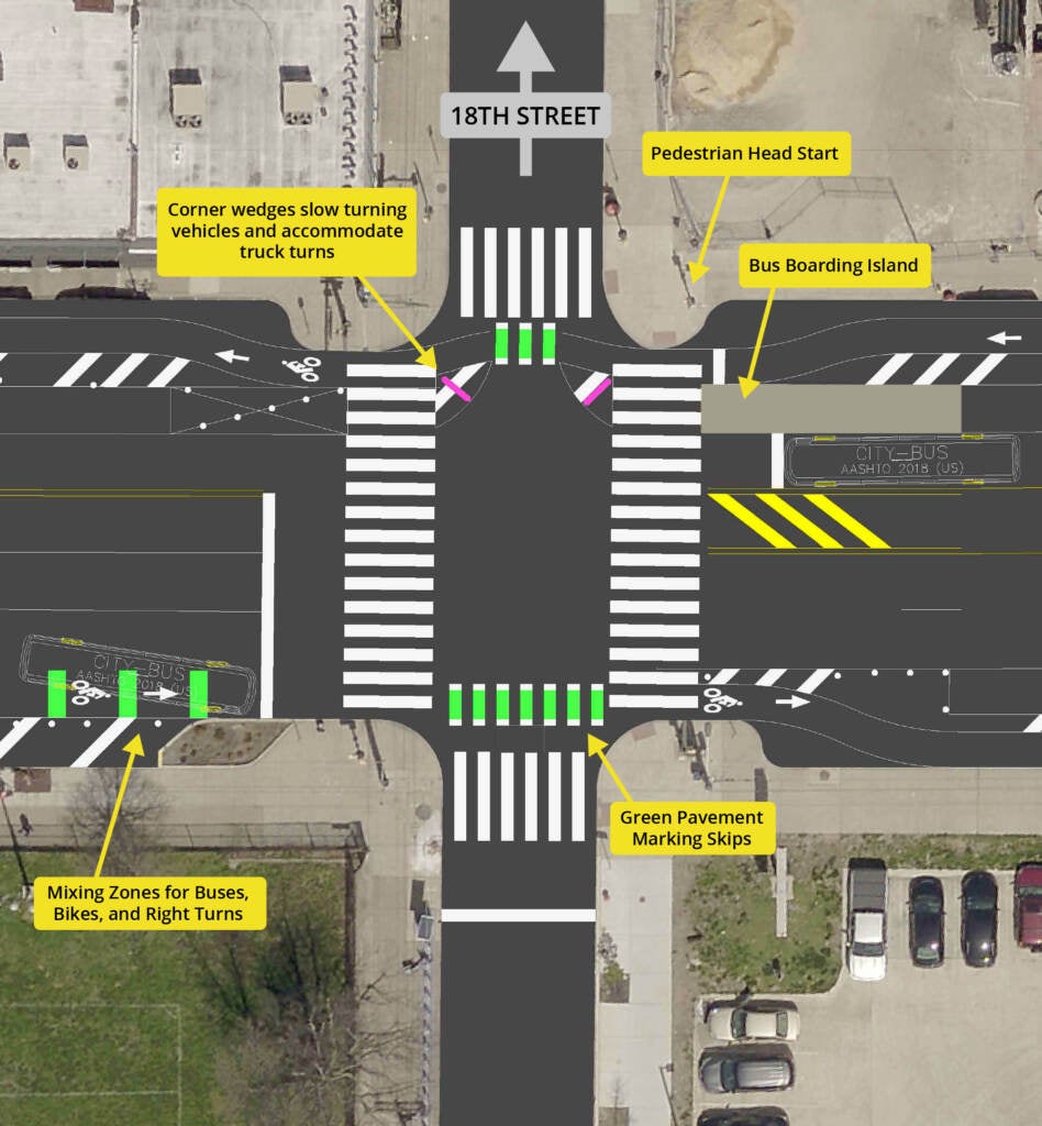 An example of a four-lane intersection on Washington Avenue with additional traffic calming measures