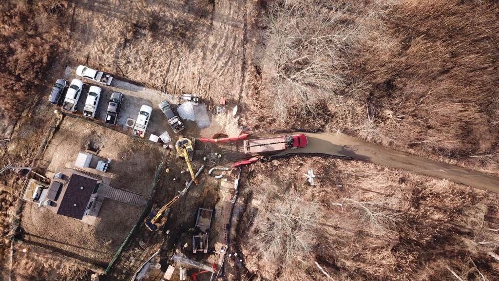 An aerial view of the Delaware County site where residents say construction continues. Energy Transfer says the work is remediation or restoration