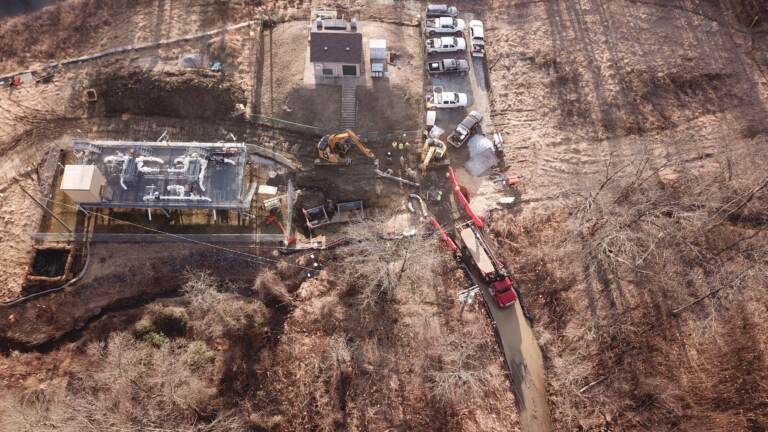 An aerial view of the Delaware County site where residents say construction continues. Energy Transfer says the work is remediation or restoration