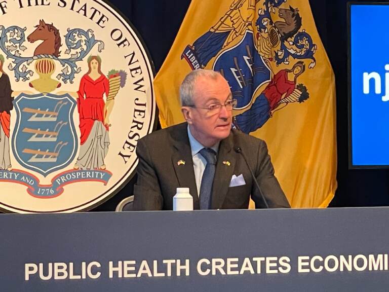 N.J. Gov. Phil Murphy leads the final briefing on the state's response to the pandemic on March 4, 2022 in Trenton, N.J. (P. Kenneth Burns/WHYY)