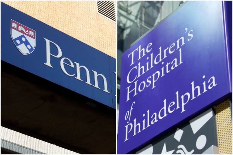 Signs for the Hospital of the University of Pennsylvania and The Childrens Hospital of Philadelphia. (AP Photo/Matt Rourke and Nat Hamilton/for NewsWorks) 