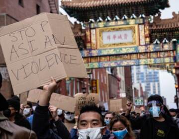 Protestors in Chinatown march against violence directed at Asian Americans (Kimberly Paynter/WHYY)
