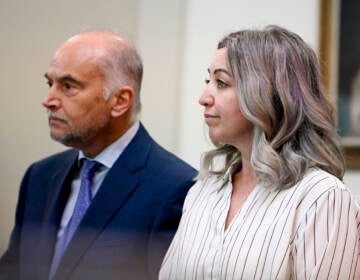 RaDonda Vaught and her attorney Peter Strianse listen as verdicts are read at the end of her trial in Nashville, Tenn., on Friday, March 25, 2022. (Nicole Hester/The Tennessean via AP, Pool)