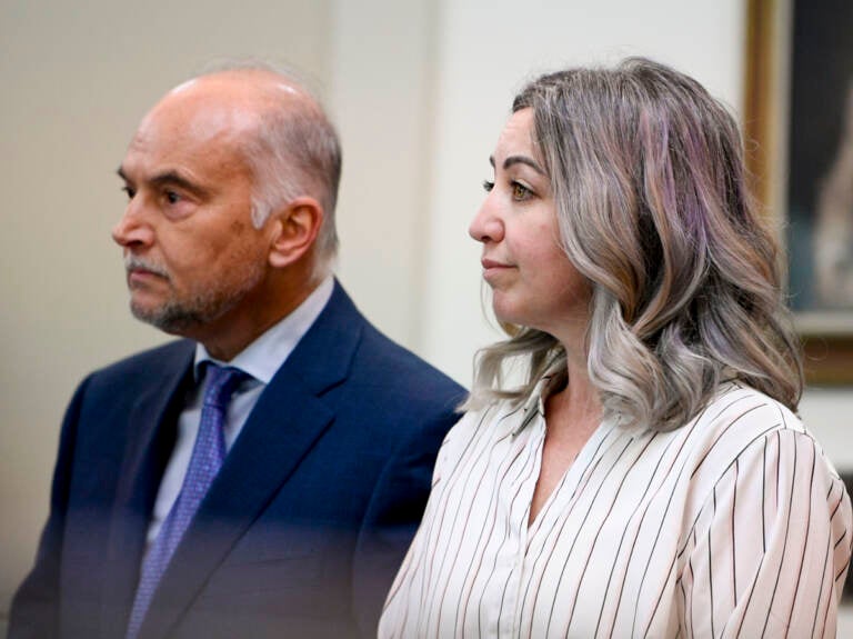 RaDonda Vaught and her attorney Peter Strianse listen as verdicts are read at the end of her trial in Nashville, Tenn., on Friday, March 25, 2022. (Nicole Hester/The Tennessean via AP, Pool)