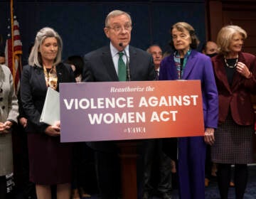 Senate Judiciary Chairman Dick Durbin, D-Ill., center, holds a news conference to announce a bipartisan update to the Violence Against Women Act, at the Capitol in Washington, Wednesday, Feb. 9, 2022. He is joined by, from left, Sen. Patrick Leahy, D-Vt., Sen. Shelley Moore Capito, R-W.Va., Sen. Joni Ernst, R-Iowa, Sen. Dianne Feinstein, D-Calif., Sen. Lisa Murkowski, R-Alaska, and Sen. Susan Collins, R-Maine. (AP Photo/J. Scott Applewhite)