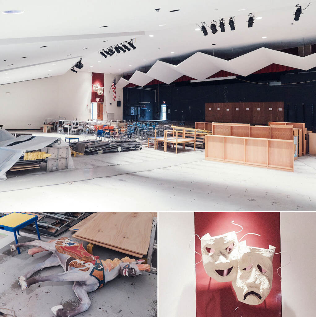 A top photo shows an auditorium being rebuilt. The bottom left photo shows a wooden horse on the ground. The bottom right photo shows the Greek tragedy and comedy masks, that symbolize theater, displayed.