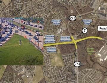 Traffic jams are a daily hassle on the stretch of Delaware 1 near Christiana Mall (at right on map) but there are plans to widen the roadway and improve exits. (State of Delaware)