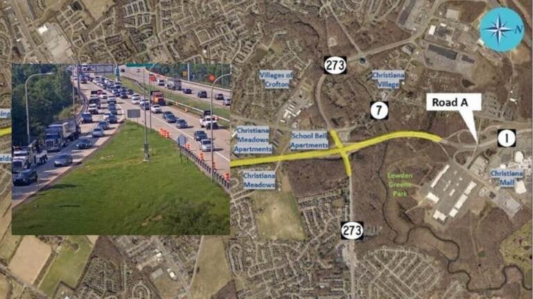 Traffic jams are a daily hassle on the stretch of Delaware 1 near Christiana Mall (at right on map) but there are plans to widen the roadway and improve exits. (State of Delaware)